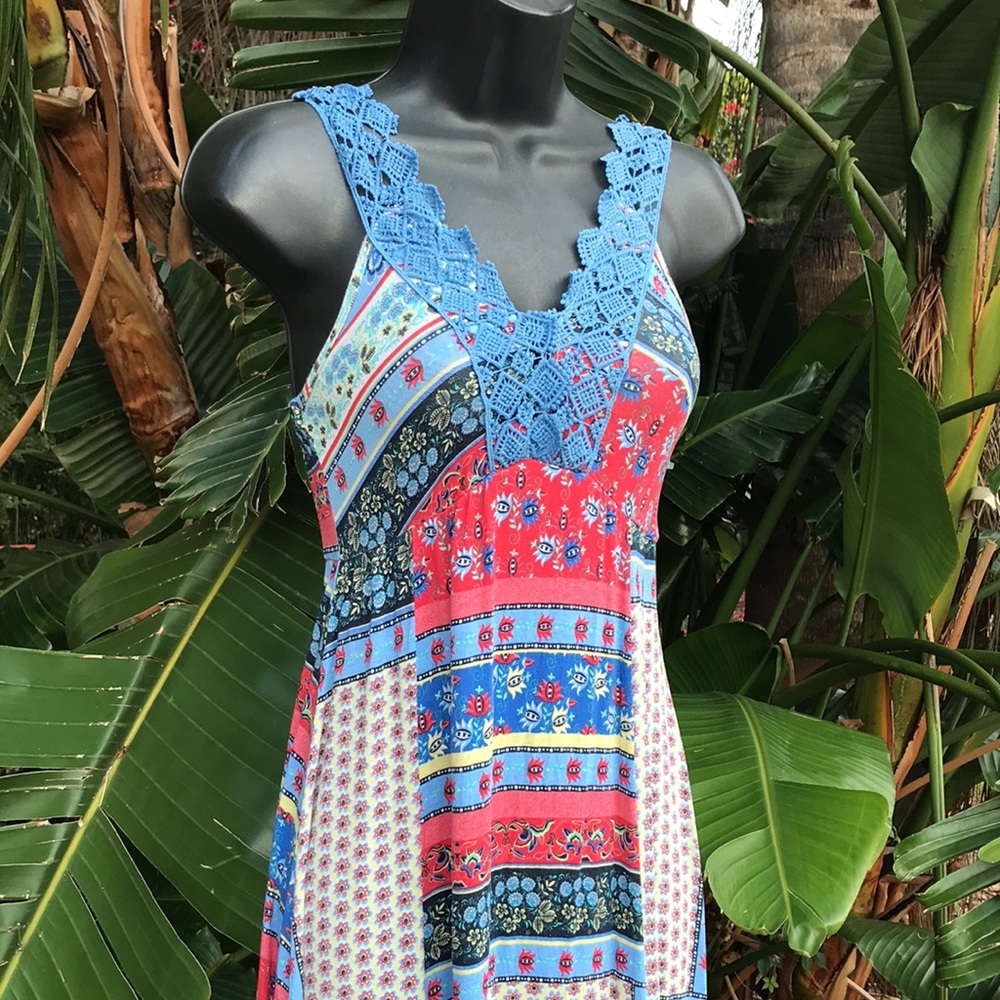 lace trim and patchwork bandanna,  print maxi dress